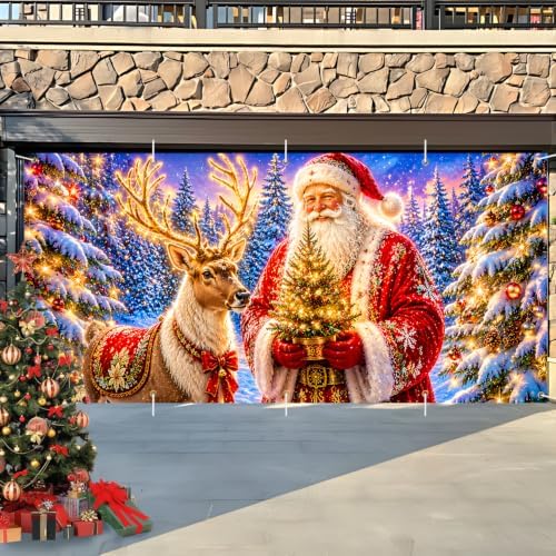 7x16FT Christmas Santa Deer Garage Door Cover Decorations Christmas Garage Door Banner for Outdoor Indoor Christmas Decorations Party Photography Backdrop - Image 5