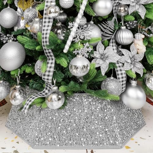 XmasExp Christmas Tree Collar 33.5 inch Sequin Tree Skirt for Christmas Holiday Home Decor Xmas Tree Ring Stand Base Cover Large Size 6 Piece Silvergrey by XmasExp