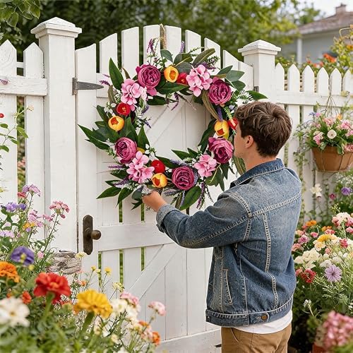 18in Summer Wreath for Front Door, Realistic Artificial Floral Door Wreath with Real Rattan Base, Includes 2 Matching Bouquets, Fake Flower for Spring Front Home, Mother's Day - Image 2