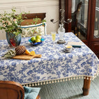 Cotton Vintage Floral Tablecloth Tassel Trim Navy 60x120 - Image 4