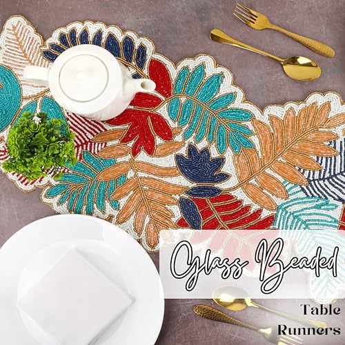 CLEENTABLE Beaded Table Runner 13x36 in, Leaf Design, Glass Beads - Image 2