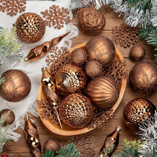 50PCS Christmas Tree Ornaments Set with Shatterproof Christmas Balls Icicle Snowflake Hanging Ornaments for Home Office Farmhouse Christmas Decorations, Bronze - Image 3