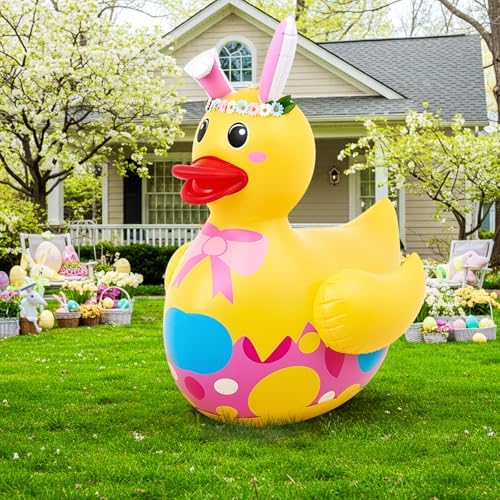 Hungdao 1 Pc 4 ft Easter Inflatable Duck Float Large Blow up Ducks Giant Rubber Duckies with Bunny Ears for Easter Party Decorations Prop Pool Yard Decoration,air Pump Not Included by Hungdao