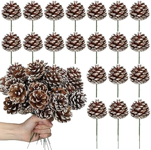 60 Pcs Pine Cones for Christmas Tree 1.38 x 5.1 Inch Frosted Snow Pine Cones Ornaments with Wired Pick for Crafts Holiday Wreath Garland Party Decorations by Glitinsel