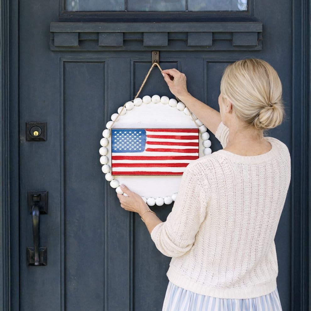 Rustic Marlin Watercolor American Flag Twine Sign Patriotic Farmhouse Barnwood Wall Decor Wooden Hanging Sign for Front Door Entryway Living Room Americana Home Decor - Image 5