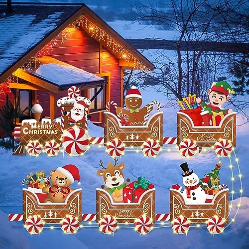 Wettarn 6 Pcs Christmas Train Yard Signs with LED Lights Stakes,Santa - Image 3