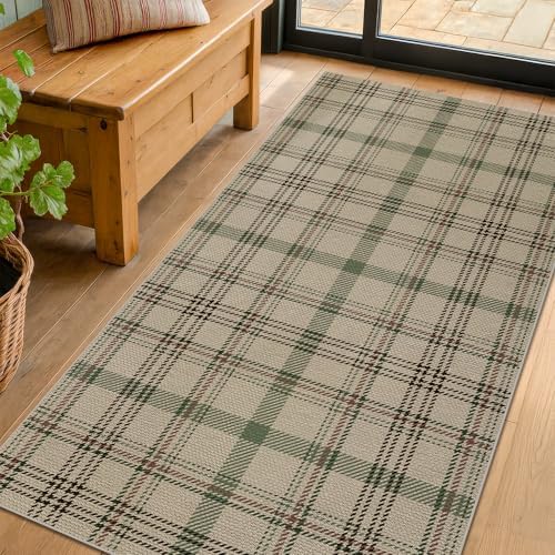 JTJ Easy Jute 3x6 Kitchen Runner Rug, Beige & Sage Plaid, Washable - Image 3