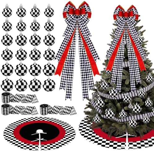 Sosation 29 Pcs Modern Checkered Christmas Tree Decor Set, 24 Pcs Black White Checkered Christmas Ball Ornaments, 1 Bow Trees Topper, 3 Ribbon Rolls, 1 Checkerboard Tree Skirt for Holiday Party Decor by Sosation