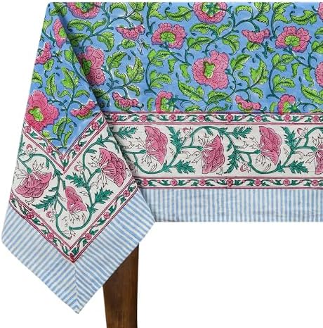 90x90 Inches Square Hand Block Printed Cotton Tablecloth, Blue Pink Floral Table Cloths Washable, Indian Table Linen for Halloween Christmas Outdoor Thanksgiving Gifts Home Decor Dinning Outdoor by HomeSpunCrafts