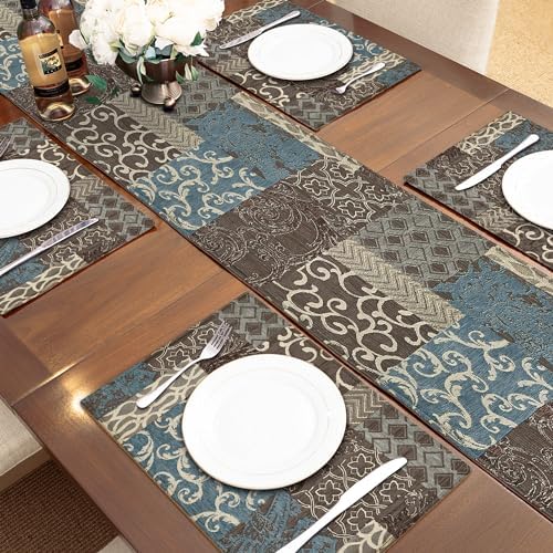Loom and Mill Luxury Damask Patchwork Table Runner 72 Inches Long, Blue - Image 3