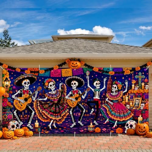 Mexican Day of the Dead Garage Door Banner 7x16ft, Dia de los Muertos Mariachi Skeleton Band Outdoor, Sugar Skull Folklorico Dancing Double Garage Door Cover Tapestry Mural for House Front Holiday - Image 5