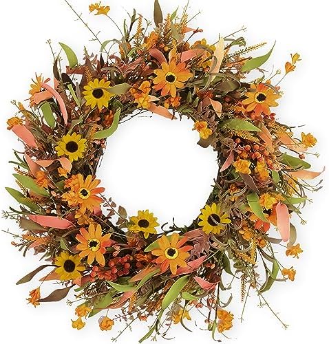 JINGHONG Large Fall Wreaths for Front Door 28 Inch Artificial Floral Wreath with Colorful Daisies and Autumn Foliage Fall Autumn Wreath for Front Door Wall Window and Thanksgiving Decor by JINGHONG
