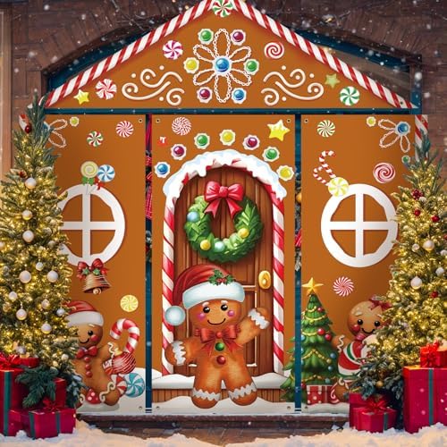 8 Pcs Christmas Gingerbread Door Cover Decoration Xmas Gingerbread House Door Covers Candy Backdrop Christmas Hanging Banner Home Porch Sign for Holiday Classroom Office Party Decor - Image 4