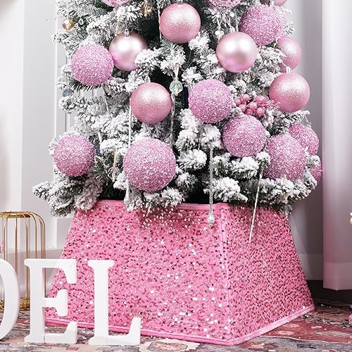 Christmas Tree Collar with Sparkling Sequins 24 Inch Tree Skirt for Holiday Home Decor (Rose Pink, Medium) by SunshineDecor