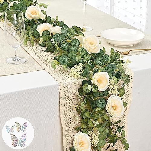 13 Ft Champagne Flower Garland with Butterfly, Fake Eucalyptus Rose Vine by Yastouay