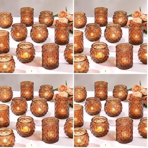 DARJEN Amber Votive Candle Holders Set of 24- Round Candle Holders Bulk, Glass Candle Holder for Vintage Decoration, Tea Lights Candle Holders for Wedding Home Party & Gift (Pack of 4) by DARJEN