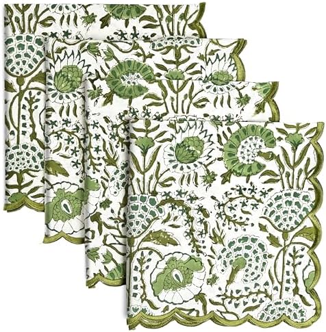 CPC Agate Green Block Print Cotton Embroidery Napkin 18x18 (Pack of 4) by COTTONPRINTCLUB