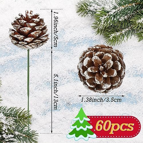 60 Pcs Pine Cones for Christmas Tree 1.38 x 5.1 Inch Frosted Snow Pine Cones Ornaments with Wired Pick for Crafts Holiday Wreath Garland Party Decorations - Image 2