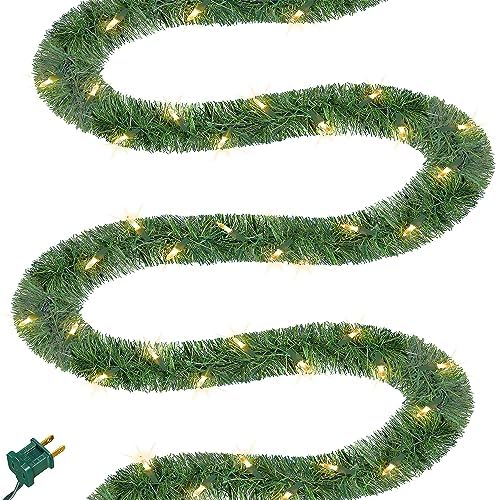 Biswing 50FT Pre-lit Christmas Green Garland, Lighted Artificial Pine Garlands with 100 Count Clear Incandescent Mini Lights, Light Up for Indoor Outdoor Gate Home Winter Holiday New Year Decorations by Biswing