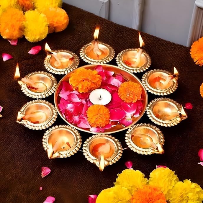 Diwali Diyas |Urli |Handcrafted Metal Decorative Bowl for Floating Flowers |Tea Light Candle Holders |Diwali Decorations |Diwali Candles (10 Diya Urli) - Image 4