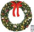 VINGLI 36 Inch Christmas Door Wreath Decorations with 100 Lights and 300 PVC Branches, Pre-lit Artificial Christmas Wreath for Front Door, Xmas Wreath w/Bow, Pine Cones, Ornaments (Plug-in) by VINGLI