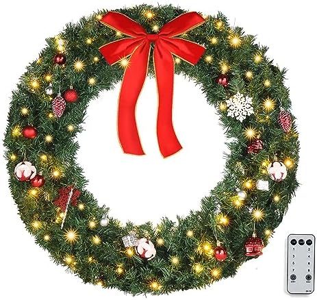 VINGLI 36 Inch Christmas Door Wreath Decorations with 100 Lights and 300 PVC Branches, Pre-lit Artificial Christmas Wreath for Front Door, Xmas Wreath w/Bow, Pine Cones, Ornaments (Plug-in) by VINGLI