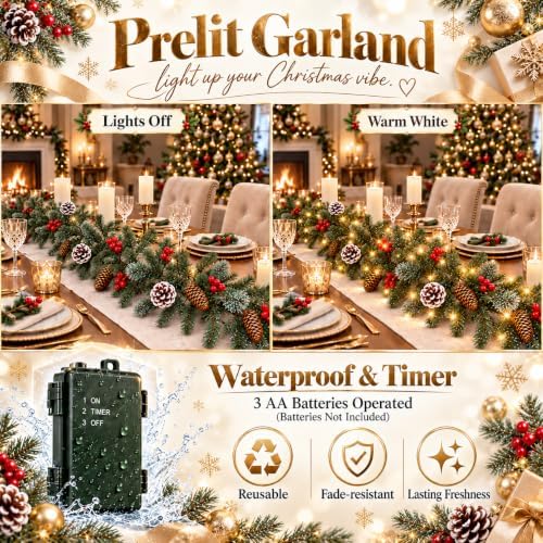 9FT Christmas Garland with Lights, Pre-Lit Lighted Christmas Decorations for Mantle Fireplace Table Stairs,Winter Indoor Outdoor Xmas Home Decor,Realistic Cedar Pine Garlands with Pinecone Berries - Image 5