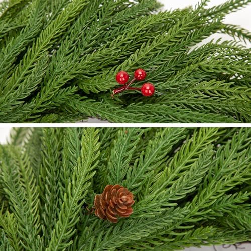 Hollyone 16" Real Touch Norfolk Pine Wreath for Front Door Small Artificial Winter Pine Plant with Red Berry Pinecone Greenery Christmas Wreath Window Walls Xmas Decor Indoor Outdoor Home Decoration - Image 3