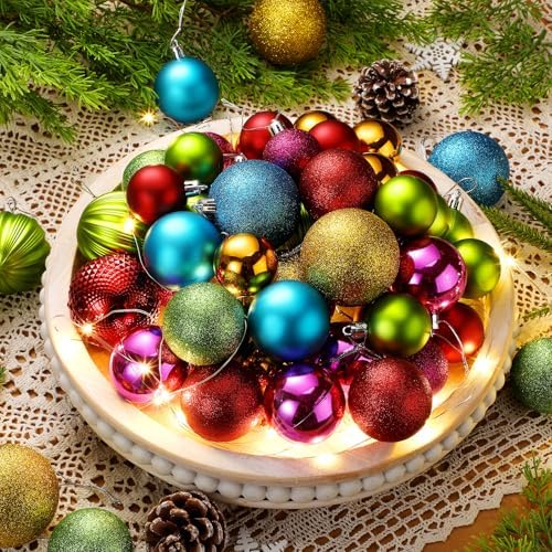 Lunmon 64 Pcs Neon Christmas Ball Ornaments Shiny Bright Multicolor Baubles - Image 2
