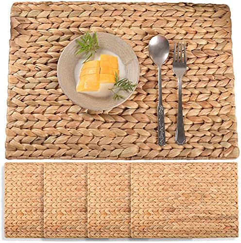 Water Hyacinth Rectangular Placemats Set of 4, 17 x 12 Inch Woven Rattan Table Mats for Dining Table, Heat Resistant Wicker Place Mats for Apartment Kitchen and Console Table, Boho Farmhouse Decor by SOKFARM