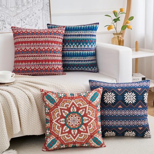 Couch Bohemian Double-Sided Patterned Throw Pillow Covers 20X20 Inch Set of 4 Square Farmhouse Decorative Cushion Covers BOHO Vintage Pillow Cases For Sofa Living Room Bedroom Outdoor Patio Porch by Unknown