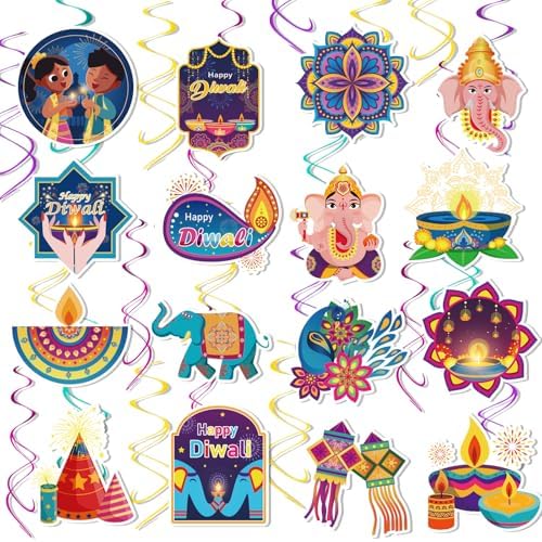 Qpout 30pcs Happy Diwali Party Hanging Swirls Decoration,Indian Festival of Lights Party Themed Ceiling Swirls Kit for Home Office Indian Diwali Deepavali Party Supplies by Qpout