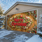 Christmas garage door banner (157.5 x 70.9 inches) featuring a rustic wood-grain design and "Merry Christmas" lettering; suitable for outdoor holiday decoration of homes and yards. - Image 4