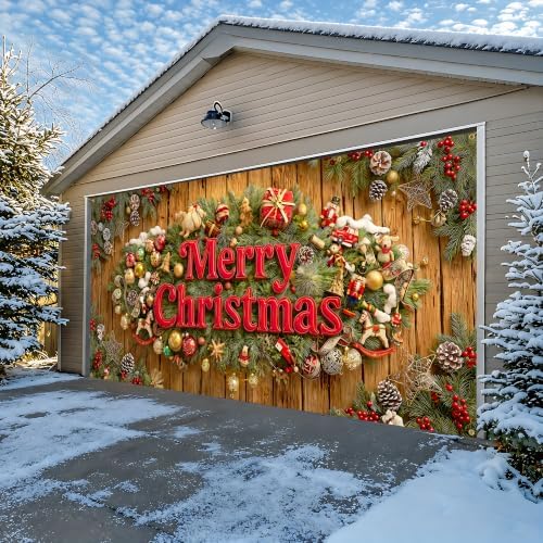 Christmas garage door banner (157.5 x 70.9 inches) featuring a rustic wood-grain design and "Merry Christmas" lettering; suitable for outdoor holiday decoration of homes and yards. - Image 4