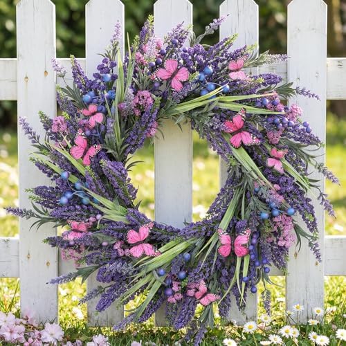 Lavender Wreaths for Front Door 24 Inch Spring Summer Wreath with Lavender,Berries, Butterflies,for Year-Round Use Indoors and Outdoors as Wall, Door, Window, Party and Wedding Decorations - Image 2