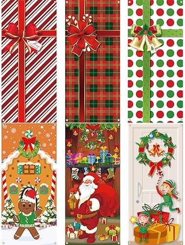 Preboun 6 Pcs Christmas Door Cover Decoration House Window Door Cover 78 x 35 Inches Santa Gingerbread Christmas Outdoor Sign for Home Wall Indoor Party Decorations by Preboun