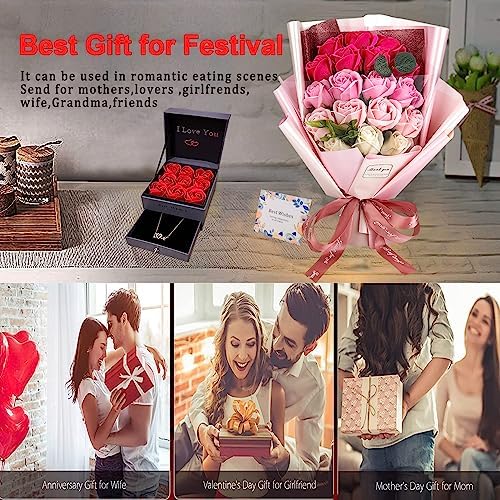 EIGHTOWN Roses Bouquet Artificial Flower - Preserved Red Flowers with Love Necklace for Her - Unique Gifts Valentine's Day, Mother's Day, Thanksgiving, Birthday, Anniversary… (Hotpink) - Image 4