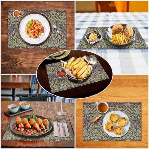 Retro Bohemian William Morris Plant Floral Placemats, Abstract Vintage Country Floral Leaf Print Table Mats, Tabletop Dining Room Kitchen Decoration 18" L x 12" W *6 PCS - Image 6