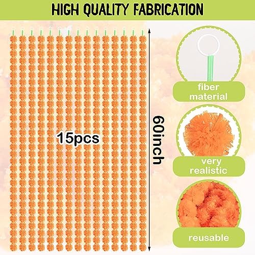 Giegxin 15 Pack 5ft Marigold Garland for Decor, Orange Red - Image 3