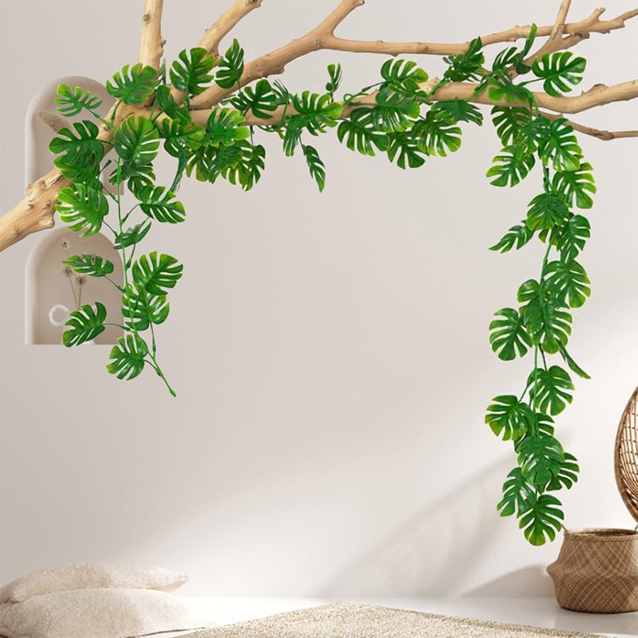 RECUTMS 6Pc Artificial Monstera Leaves Vine 5.9FT Plastic Palm Ivy Garland - Image 7
