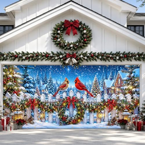 157.5 x 70.9 in Christmas Garage Door Decorations, Large Holiday Garage Door Banner with Winter Snow Scene, Cardinal Birds and Pine Trees Pattern, Outdoor Christmas Decorations for Home Yard Driveway by KKYEJLQYI