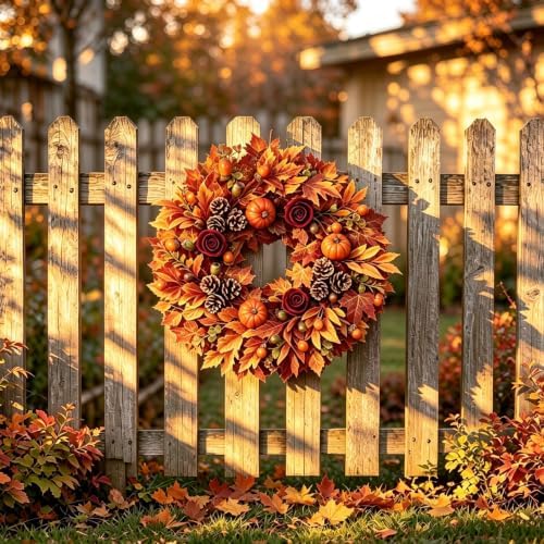 24 Inch Fall Wreath for Front Door, Autumn Wreath with Pumpkins, Roses, Maple Leaves, Harvest Fall Door Wreath for Porch, Window, Mantel, Thanksgiving Farmhouse Decor - Image 6