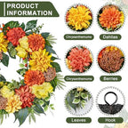 24-Inch Fall Wreaths for Front Door with Hydrangeas Dahlias Daisy Silk Flowers and Berry Greenery for All Seasons Indoor Outdoor Wedding Farmhouse Porch Wall Living Room Home Wedding Decor - Image 2