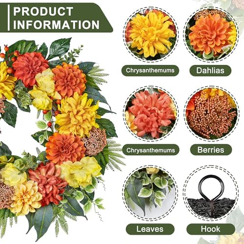 24-Inch Fall Wreaths for Front Door with Hydrangeas Dahlias Daisy Silk Flowers and Berry Greenery for All Seasons Indoor Outdoor Wedding Farmhouse Porch Wall Living Room Home Wedding Decor - Image 2