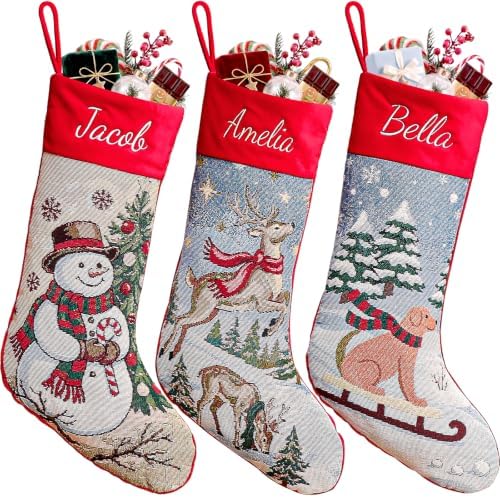 3 Pack Personalized Christmas Stockings, 18" Large Custom Embroidered Name Vintage Woven Stockings, Jacquard Reindeer, Snowman & Dog Designs, Family Holiday Fireplace Mantel Decoration for Kids Adults by Tarwanear