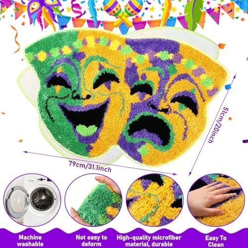 Duraaamo Mardi Gras Bathroom Rugs 32 x 20 Inch Mardi Gras Doormat Indoor Rug Outdoor Welcome Mat Non Slip Bath Mask Carpet Microfiber Absorbent Mat for Front Door Kitchen Porch Decor(Carnival Mask) - Image 2