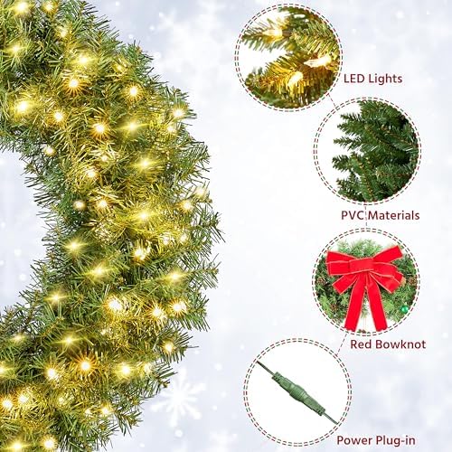Yaheetech 30in Large Artificial Christmas Wreath, Pre-lit Holiday Accent Decoration with Red Bow, 110 LED Lights & 300 PVC Tips, Metal Structure for Door Wall & Mantel - Image 4