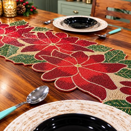 Beaded Table Runner 13x36 Inch Handmade Decorative Dining Table Runner, Red Green Gold Poinsettia Design, Luxury Glass Beaded Runner for Christmas, Holiday & Farmhouse Table Decor - Image 4