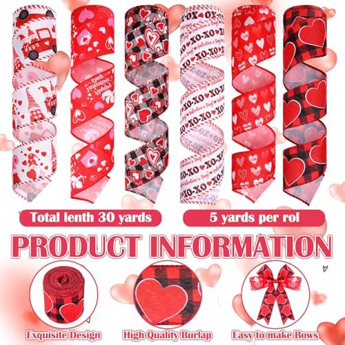 10 Pcs Valentine's Day Ribbon Including 4 Rolls Mesh Ribbon and 6 Rolls Heart Gnome Truck Wired Edge Wreath Metallic Wreath Wrapping Crafts for Valentine's Day Party Home Decorative DIY Craft - Image 4