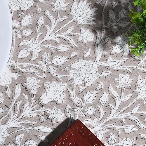Ridhi Hand Block Print Round Tablecloth Taupe 132 Inch 100% Cotton - Image 3